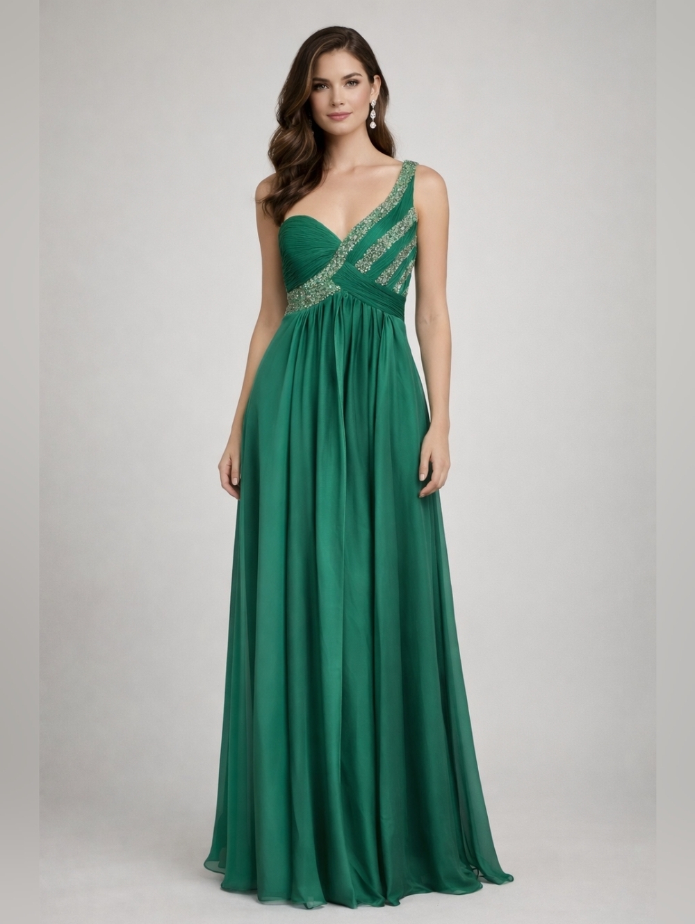 Emerald One-Shoulder Evening Gown with Beaded Accents SMALL